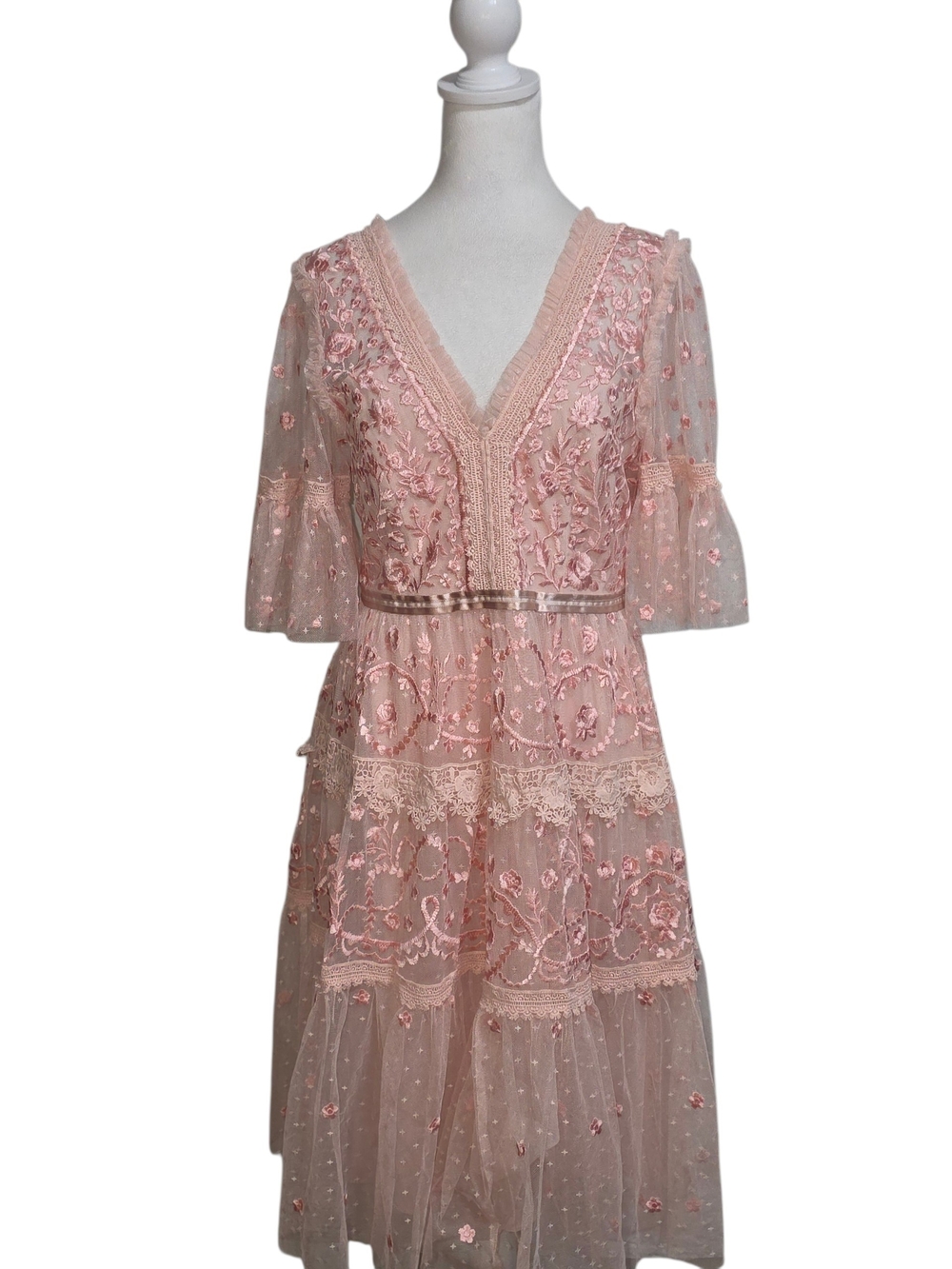 Needle & Thread Midsummer Lace Dress Pink Embroidered Tulle Midi US 8 Romantic